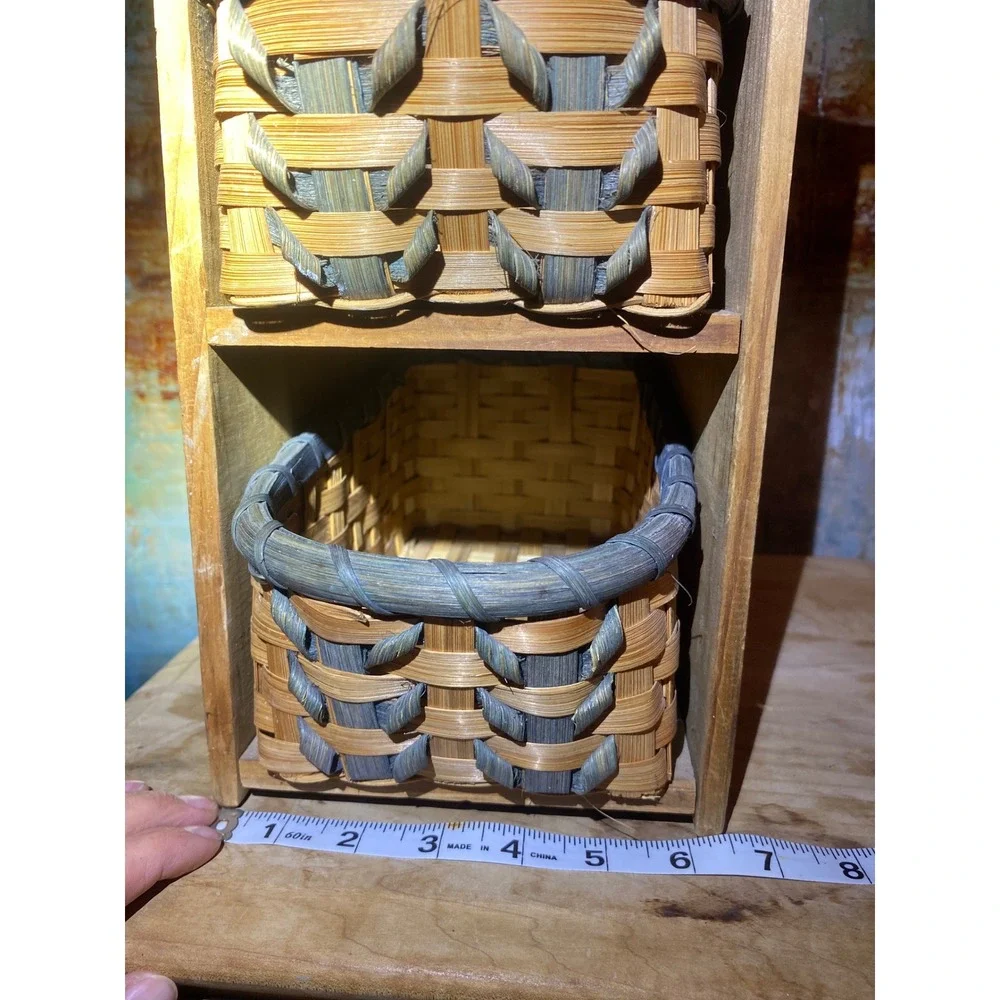Rustic Wood 2 Tier Storage Organizer with Woven Baskets Natural Blue Grey